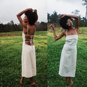 Olette Merida Crema Dress S Linen Cotton Blend Open Back Midi Boho Neutral USA